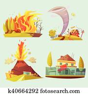 Natural Disaster Retro Cartoon 2x2 Icons Set Natural Disaster Retro Cartoon 2x2 Icons Set
