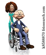 Cartoon nurse helping older man in wheelchair.