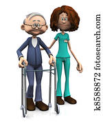 Cartoon nurse helping older man with walker.