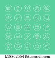 seo, serviços, linha magra, ícones, jogo