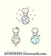 Cute man and different planets set