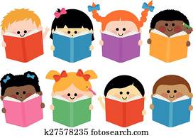 grupo de niños, lectura, books., vector, ilustración