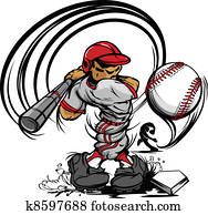 jogador basebol, caricatura, balançando, ba