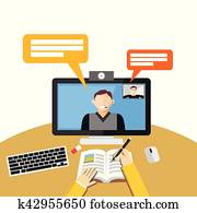 Video call or conference on computer. Web binar or web tutorial concept. Video call or conference on computer. Web binar or web tutorial concept.