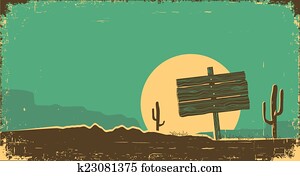 Western illustration of desert landscape on old paper texture Western illustration of desert landscape on old paper texture