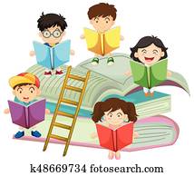beaucoup, enfants, lecture, livres