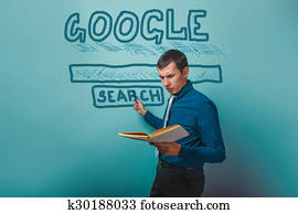 man shows a pointer to search Google holding a book infographics man shows a pointer to search Google holding a book infographics