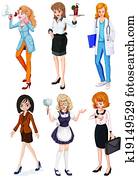 mujeres, con, diferente, profesiones