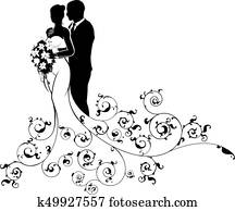 novia y novio, boda, vestido nuptial, silueta