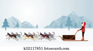 pessoas, com, ártico, cachorros, sledding, panorama, fundo