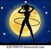 Silhouette of a slender woman doing exercises with hula-hoop in