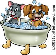 Cartoon Cat and Dog in Bath Cartoon Cat and Dog in Bath