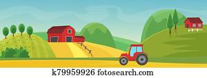 Rural landscape panorama with farm cartoon flat vector illustration concept. Panoramic Countryside fields, trees, high hills, red houses. Tractor on dirt road outroad in foreground. Rural landscape panorama with farm cartoon flat vector illustration concept. Panoramic Countryside fields, trees, high hills, red houses. Tractor on dirt road outroad in foreground.