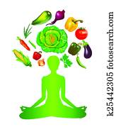 vegetal, dieta, y, meditación