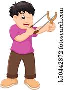 beau, garçon, dessin animé, jouer, slingshoot, à, sourire