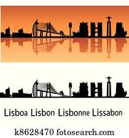 lisboa, skyline, em, fundo alaranjado lisboa, skyline, em, fundo alaranjado