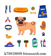 Pet care concept. Cute Pug and dog care goods on white background. Dog care, grooming, hygiene, health. Pet shop, accessories. Flat style vector illustration. Pet care concept. Cute Pug and dog care goods on white background. Dog care, grooming, hygiene, health. Pet shop, accessories. Flat style vector illustration.