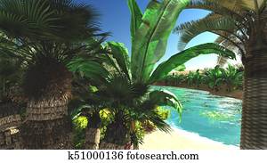 Rich tropical vegetation on wilderness later in the day, 3d rendering Rich tropical vegetation on wilderness later in the day, 3d rendering
