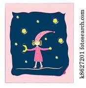 söt, kvinna, med, måne och stjärnor, postc