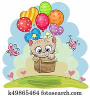 Cute Cartoon Kitten with balloons