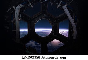 Earth - Beauty of solar system planet in spaceship window porthole. Elements of this image furnished by NASA