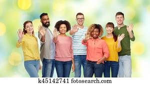 internationale, gesellschaft, von, fröhliche menschen, winkender