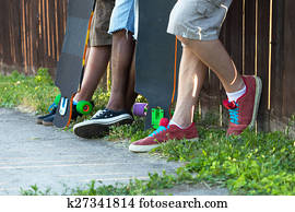 Rear View Of Friends Standing On Wall Stock Image Rear View Of Friends Standing On Wall Stock Image