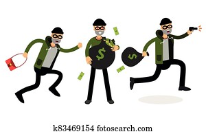 Male Burglar or Robber in Black Mask Stealing Money Vector Illustration Set Male Burglar or Robber in Black Mask Stealing Money Vector Illustration Set