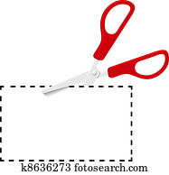 Red scissors cut out coupon on dotted line Red scissors cut out coupon on dotted line