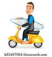 3d, גולש, רכוב, קורקינט, עם, גלשון