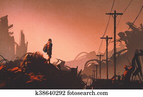 hiker looking at abandoned city hiker looking at abandoned city