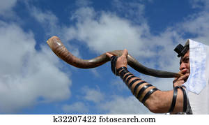 Jewish man blow Shofar (Horn) Jewish man blow Shofar (Horn)