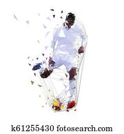 futbolista, en, blanco, jersey, patear, pelota, extracto, bajo, poly, vector, drawing., jugador del fútbol, pena, aislado, geométrico, colorido, ilustración, vista delantera
