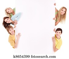 团体, 在中, 开心, 人们, 握住, banner.