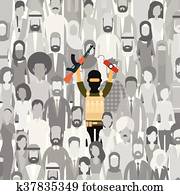 Armed Terrorist In Crowd People Group Terrorism Threat Concept