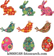 Patterned bunnies, birds and eggs Patterned bunnies, birds and eggs
