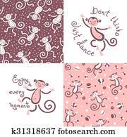 seamless, padrões, e, cartões, com, macacos, em, vetorial