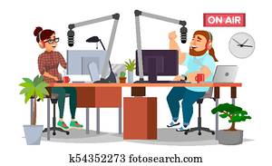 רדיו דיי ג'יי, איש ואישה, vector., broadcasting., מודרני, תחנת רדיו, studio., דבר, לתוך, ה, microphone., ב, הבלט., broadcasting., הפרד, דירה, ציור היתולי, דוגמה