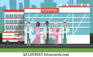 רפואי, team., רופאים, ו, nurses,, בית חולים, בנין, ו, ambulance., תרופה, וקטור, דוגמה