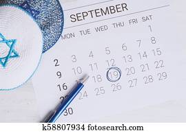 calendário, com, kippah., yom kippur, concept.