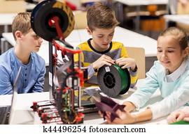feliz, crianças, com, 3d, impressora, em, robótica, escola