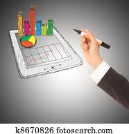 sketch computer tablet showing a spreadsheet with charts