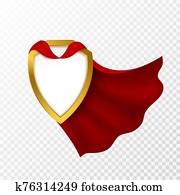 Red cape badge. Hero cloak, mantle carnival super clothes with blank shield. Success and leadership symbol, power vector concept Red cape badge. Hero cloak, mantle carnival super clothes with blank shield. Success and leadership symbol, power vector concept