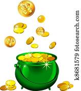 vetorial, st., Patrick`s, dia, verde, pote, com, moedas ouro