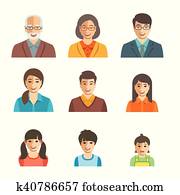 Asian family happy faces flat avatars set