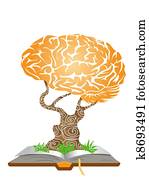 cérebro, árvore, ligado, livro