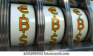 Slot machine hitting three bitcoin currency symbols. Mining, luck or investment concepts. 3D rendering Slot machine hitting three bitcoin currency symbols. Mining, luck or investment concepts. 3D rendering
