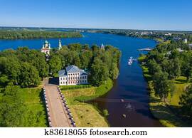 View of the Uglich Kremlin and the Volga River on a summer day. View of the Uglich Kremlin and the Volga River on a summer day.