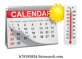 Desk calendar with sun and thermometer, summer season concept. 3D rendering Desk calendar with sun and thermometer, summer season concept. 3D rendering