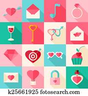 Valentine day flat icons with long shadow